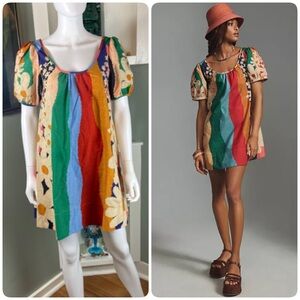 Farm Rio Super Fun Daisy Mini Dress Colorful Striped Puff Sleeve Small Rainbow S